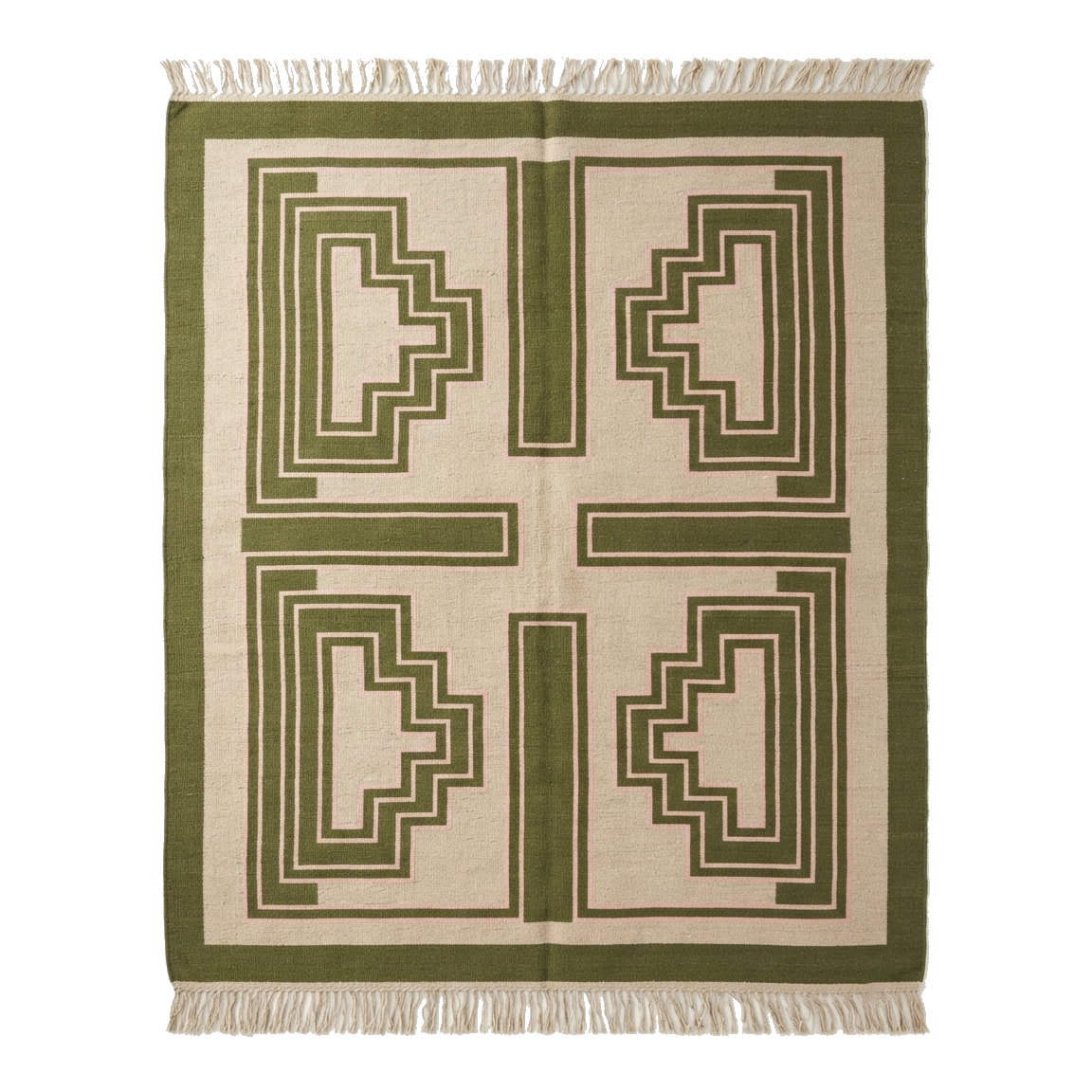 Cream and Olive Green Art Deco Cotton Flat Weave Rug