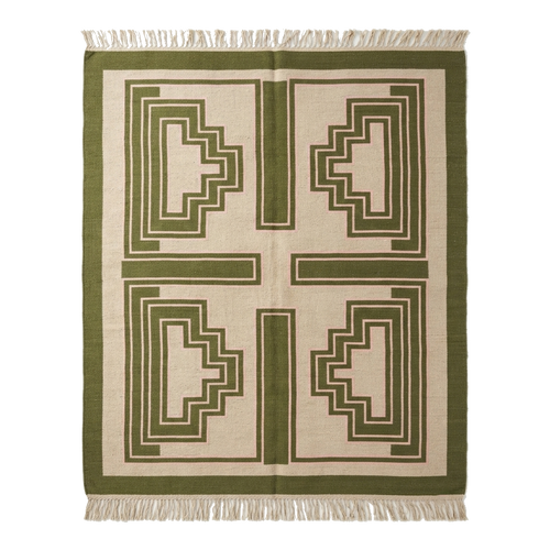 Cream and Olive Green Art Deco Cotton Flat Weave Rug
