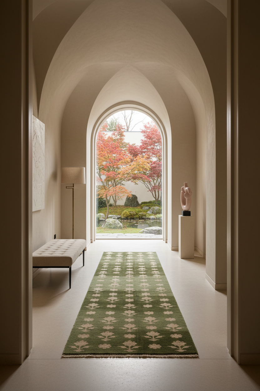 A long green runner rug with a cream floral pattern is displayed in a hallway leading to an arched window that looks out onto a garden with red autumn trees.