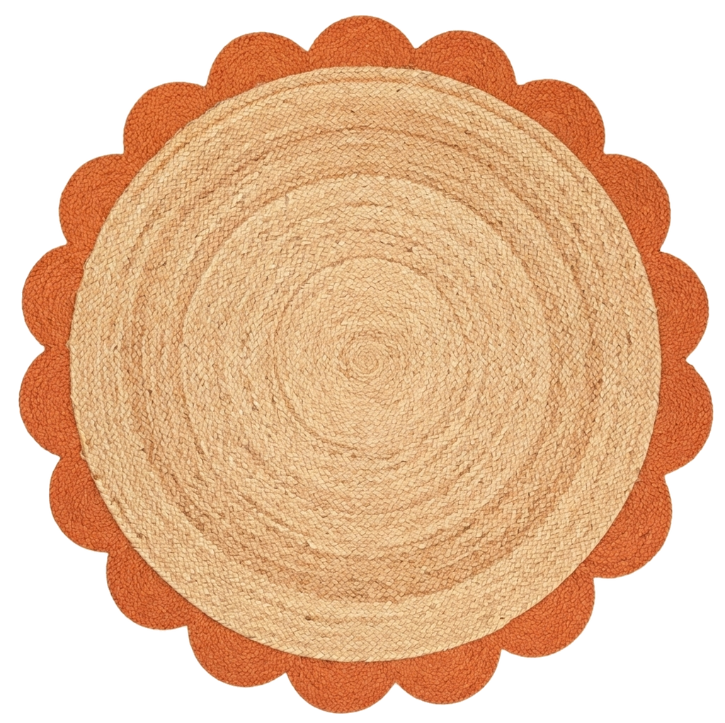 Natural Round Braided Jute Rug with Terracotta Scalloped Border