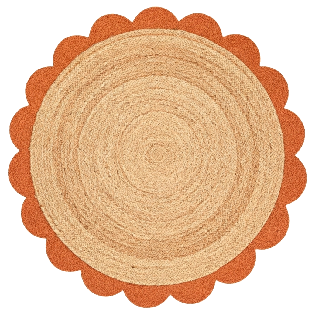 Natural Round Braided Jute Rug with Terracotta Scalloped Border