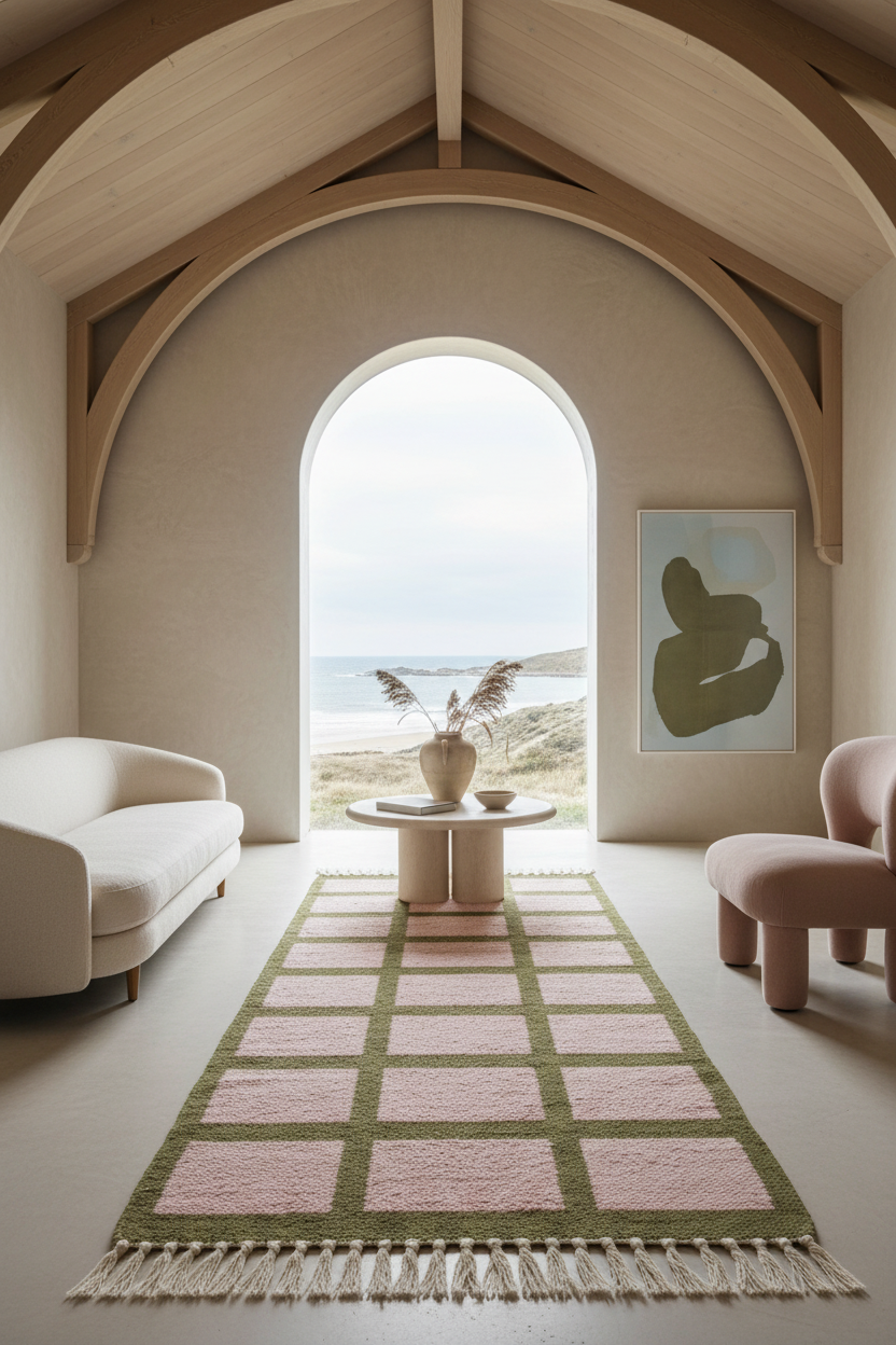 A styled interior room with a pink and olive green checkered area rug on a light floor, leading to a large arched window overlooking a beach. The room features cream-colored furniture, a pink chair on the right, and a framed abstract print on the wall.