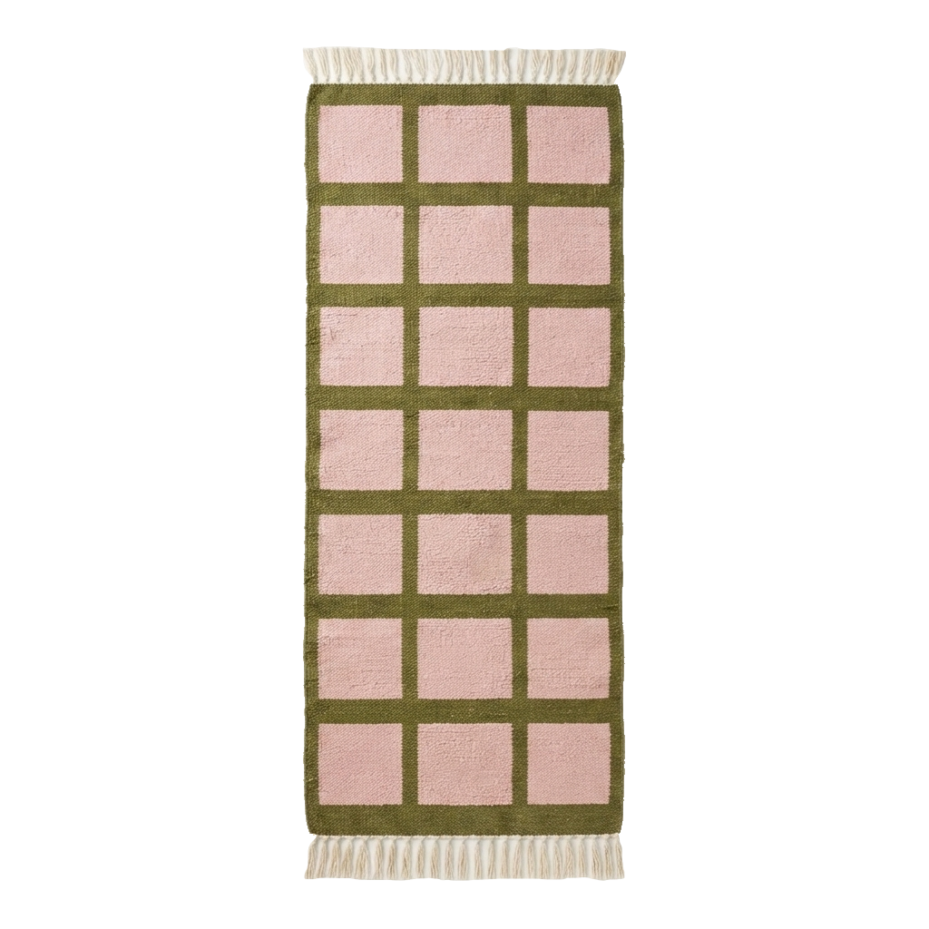 Pink and Olive Green Grid Cotton Flat Weave Runner