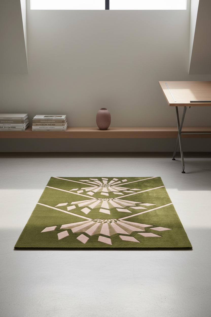 Olive Green Hand-Tufted Rug with Pink Art Deco Fans