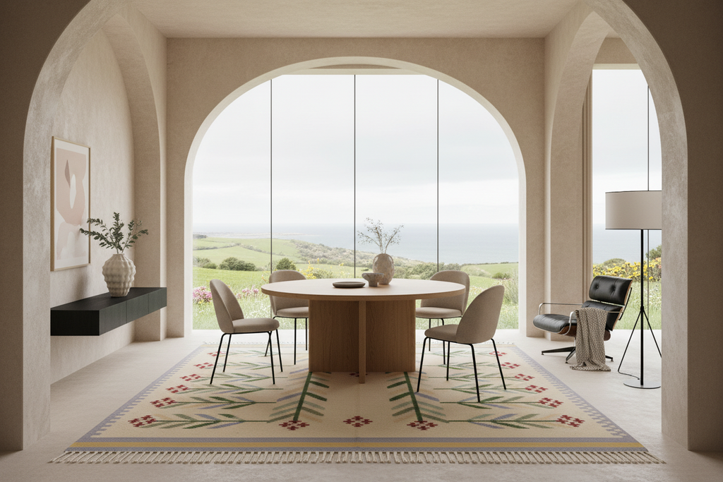 A modern dining room interior with a round wooden dining table and four upholstered chairs on a patterned area rug, set under a large arched window overlooking a green coastal landscape.