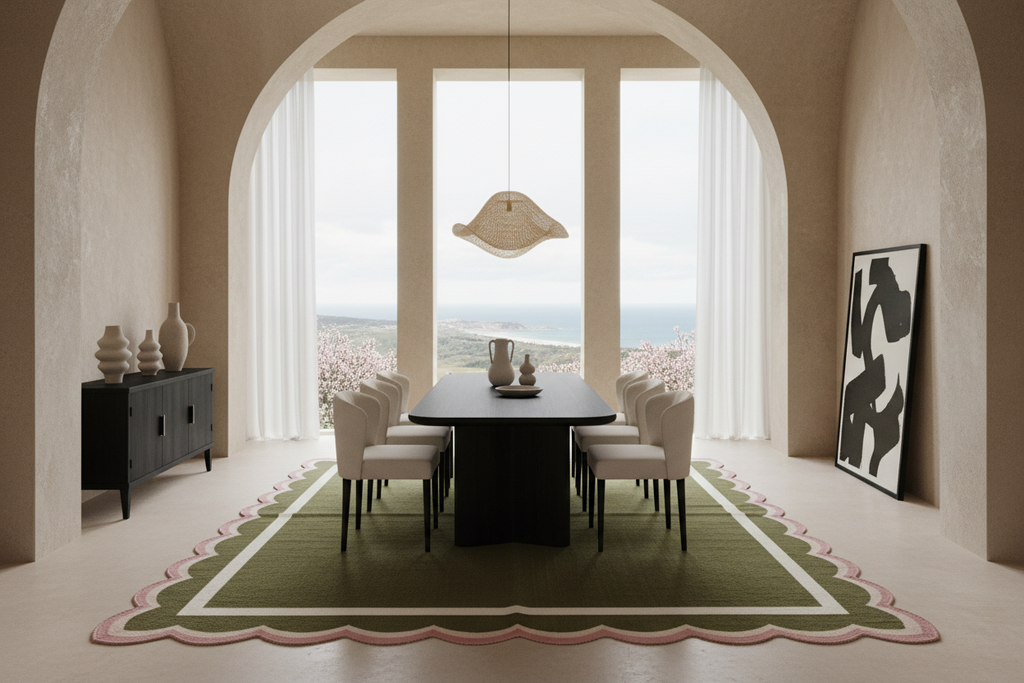 A styled dining room interior with a dark rectangular dining table and six cream upholstered chairs placed on a green scalloped area rug with pink edging. The room has warm beige walls, arched windows with sheer curtains, and a view of a landscape.