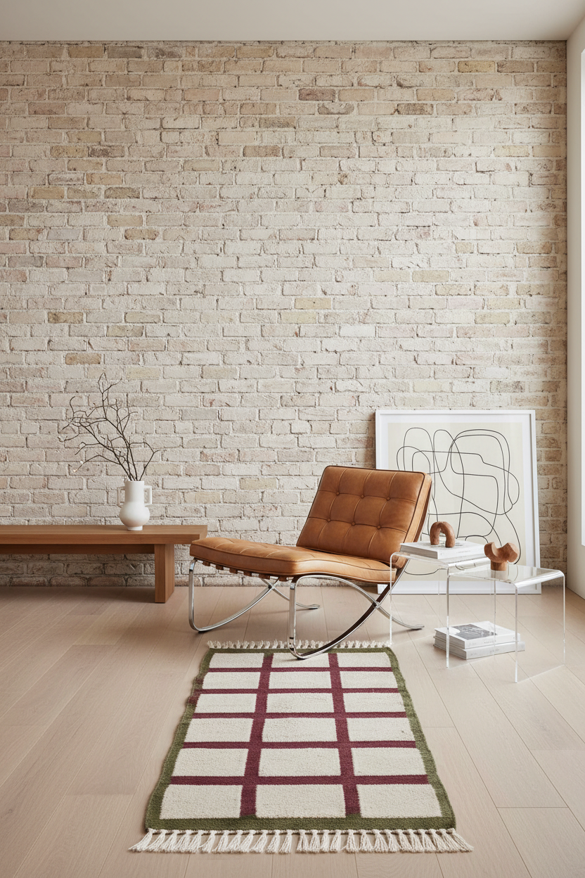 A modern lounge chair with a brown leather seat and chrome metal frame, positioned on a cream and burgundy checkered rug in a room with a light brick wall and wood flooring.