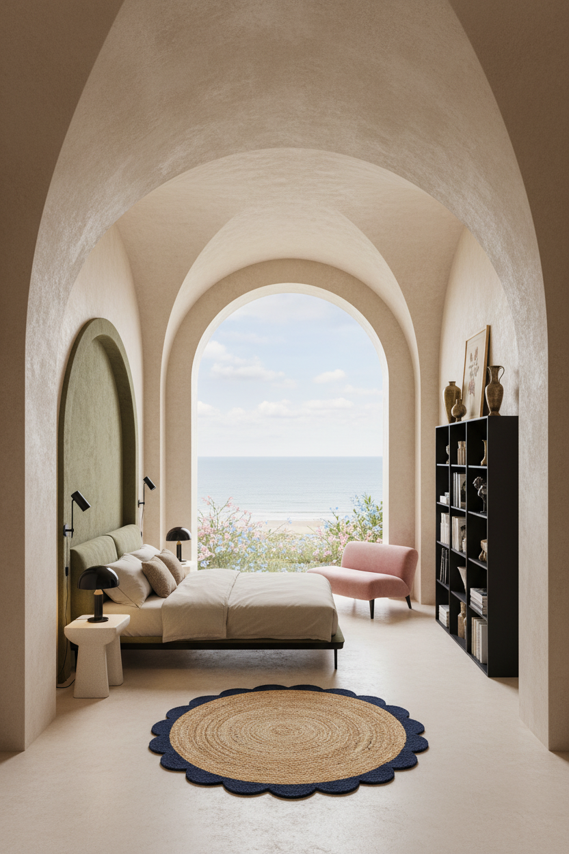 A luxury bedroom interior with a bed, pink armchair, black shelving, and a scalloped round rug, framed by textured beige arches leading to an ocean view.