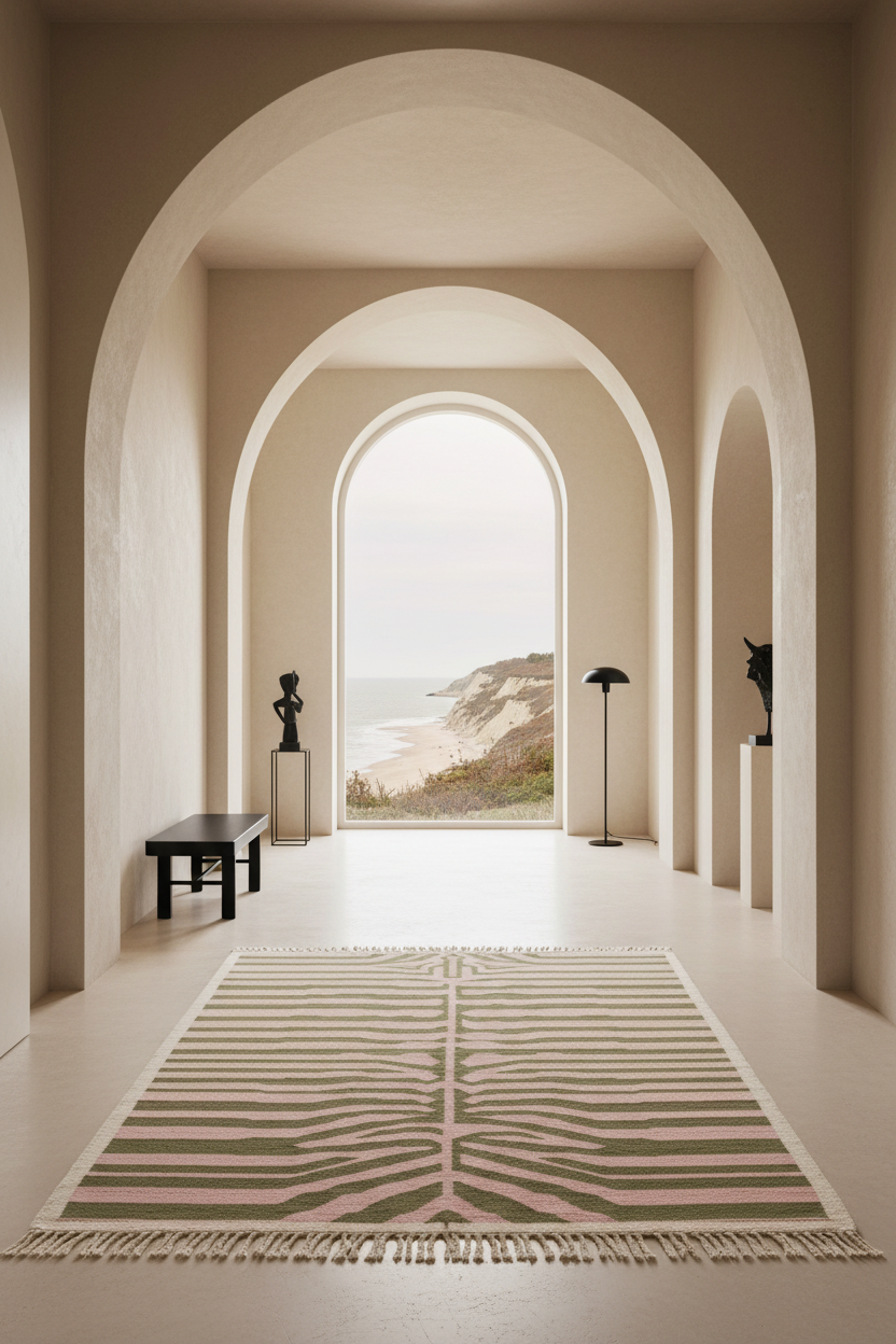 A rectangular area rug with a geometric wavy pattern in beige, brown, and muted green, styled in a modern interior hallway with arches leading to an ocean view.