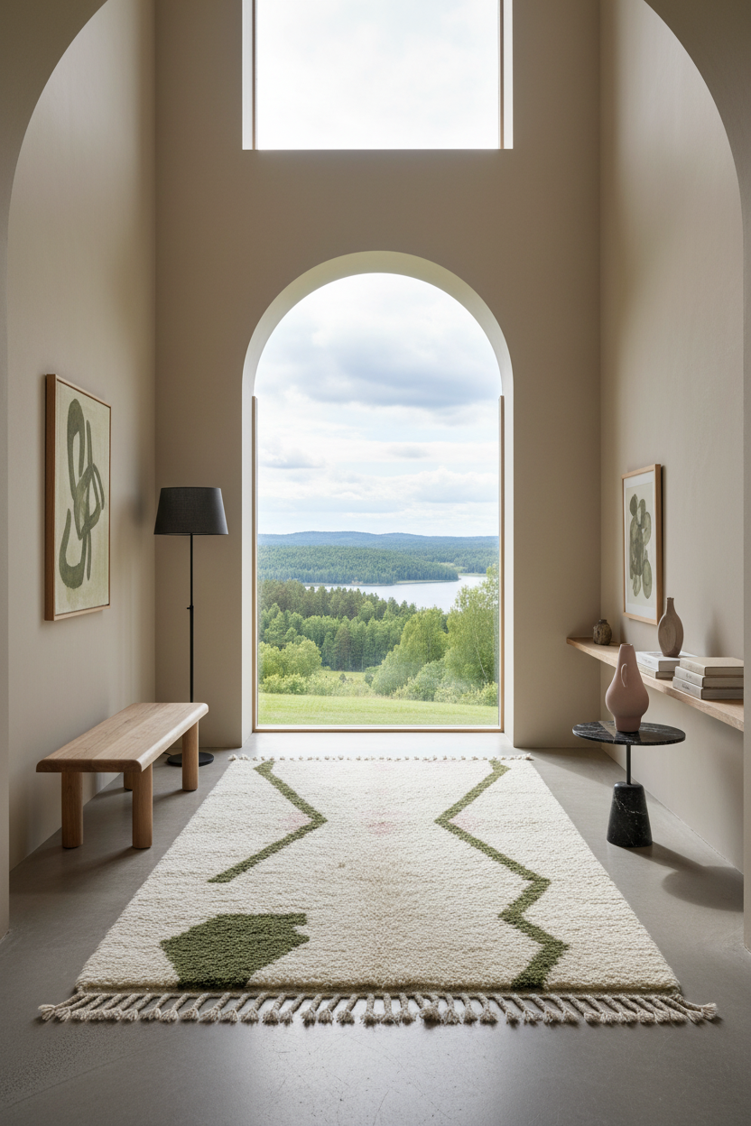 Cream Moroccan Shag Rug with Olive Green Zigzag Lines
