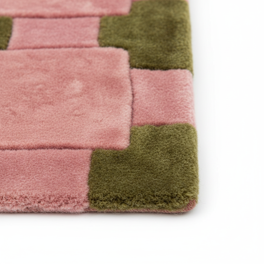 Pink Hand-Tufted Rug with Olive Green Cross Motifs