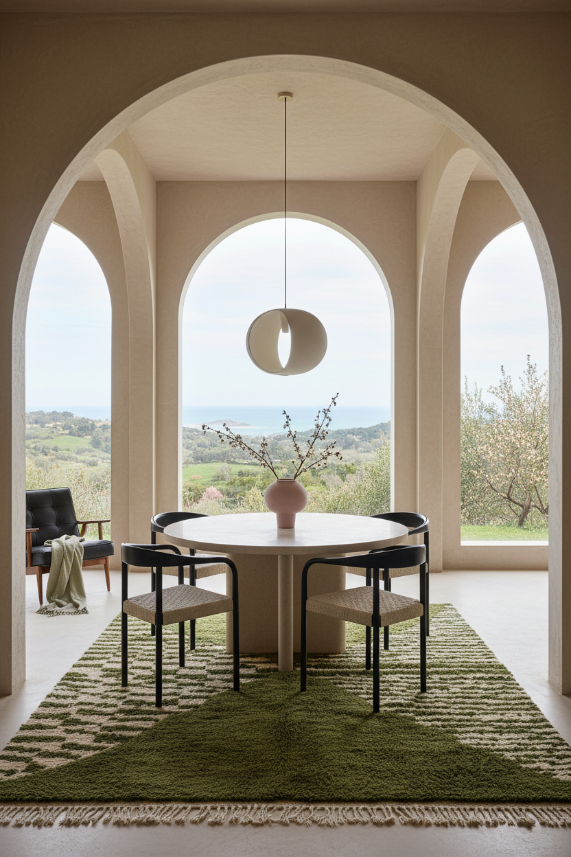A modern dining set featuring a round white table and four black-framed chairs with cream cushions, arranged on a textured green and beige patterned rug inside a large arched room with a hanging pendant light.