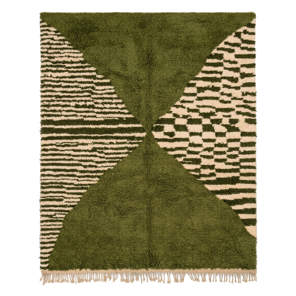 Olive and Cream Abstract Hourglass Moroccan Shag Rug