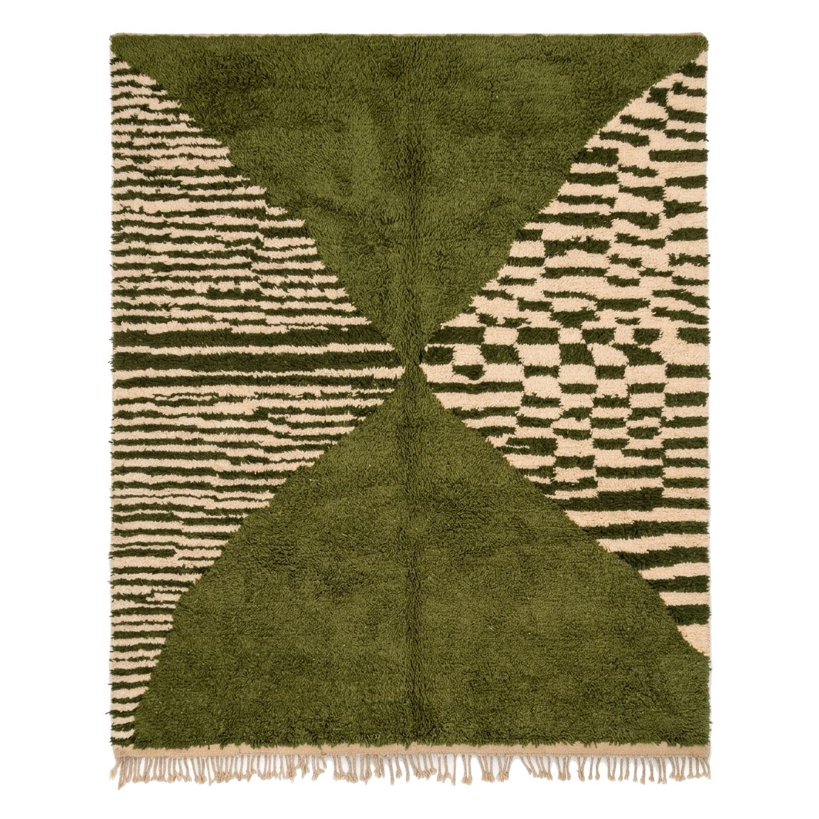 Olive and Cream Abstract Hourglass Moroccan Shag Rug