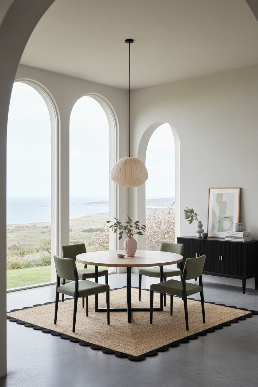A dining room scene with a round wooden table, four green upholstered chairs, a beige pendant light, and a woven rug, set in a bright room with large arched windows overlooking a coastal landscape.