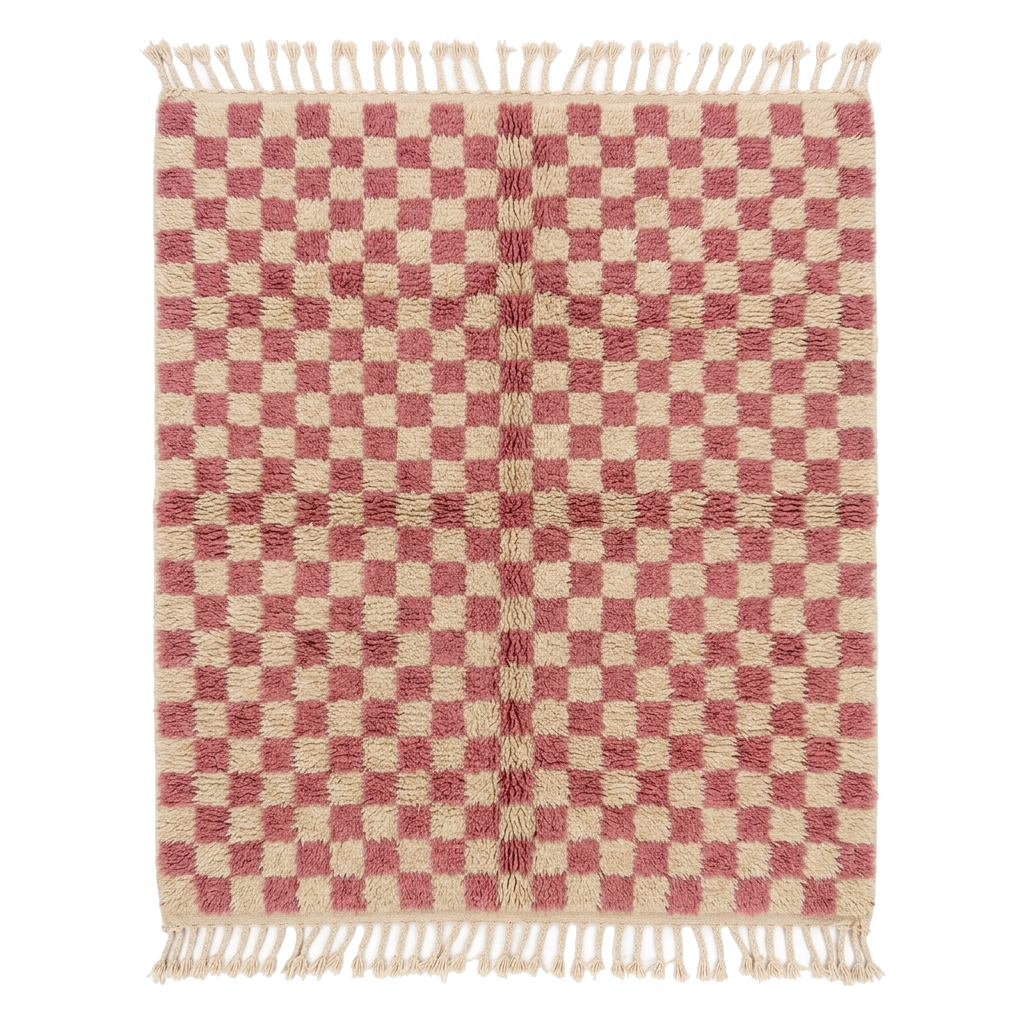 Dusty Rose and Cream Checkerboard Moroccan Shag Rug