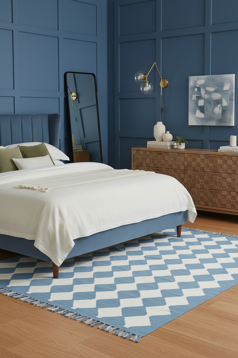 Blue and White Diamond Harlequin Cotton Flat Weave Rug