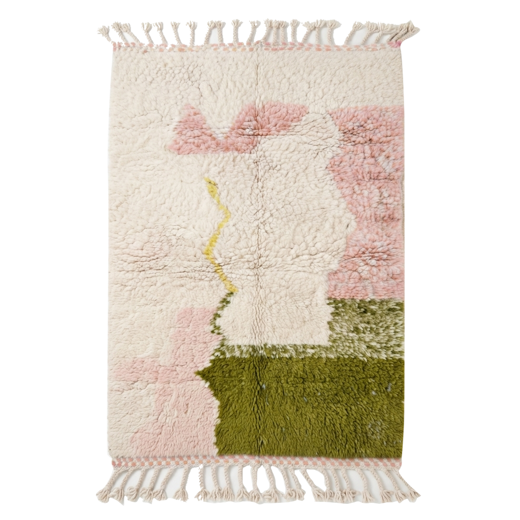 Cream Pink and Olive Abstract Color Block Moroccan Shag Rug