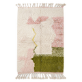 Cream Pink and Olive Abstract Color Block Moroccan Shag Rug
