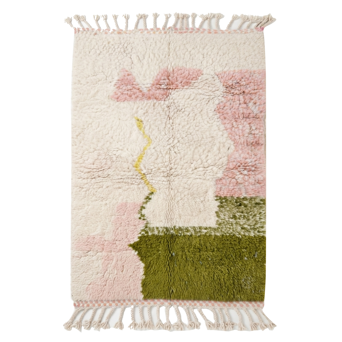 Cream Pink and Olive Abstract Color Block Moroccan Shag Rug