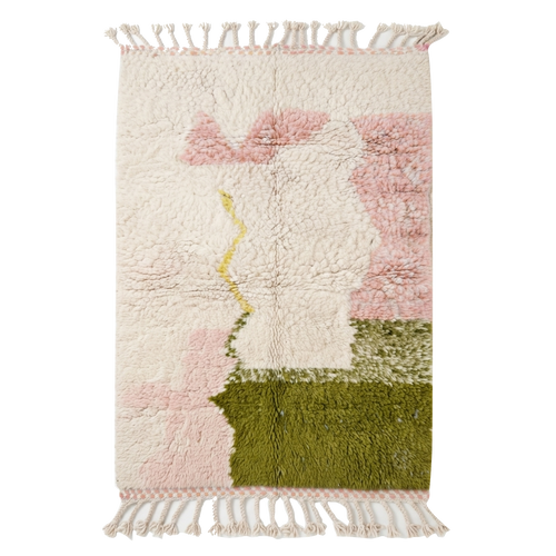 Cream Pink and Olive Abstract Color Block Moroccan Shag Rug