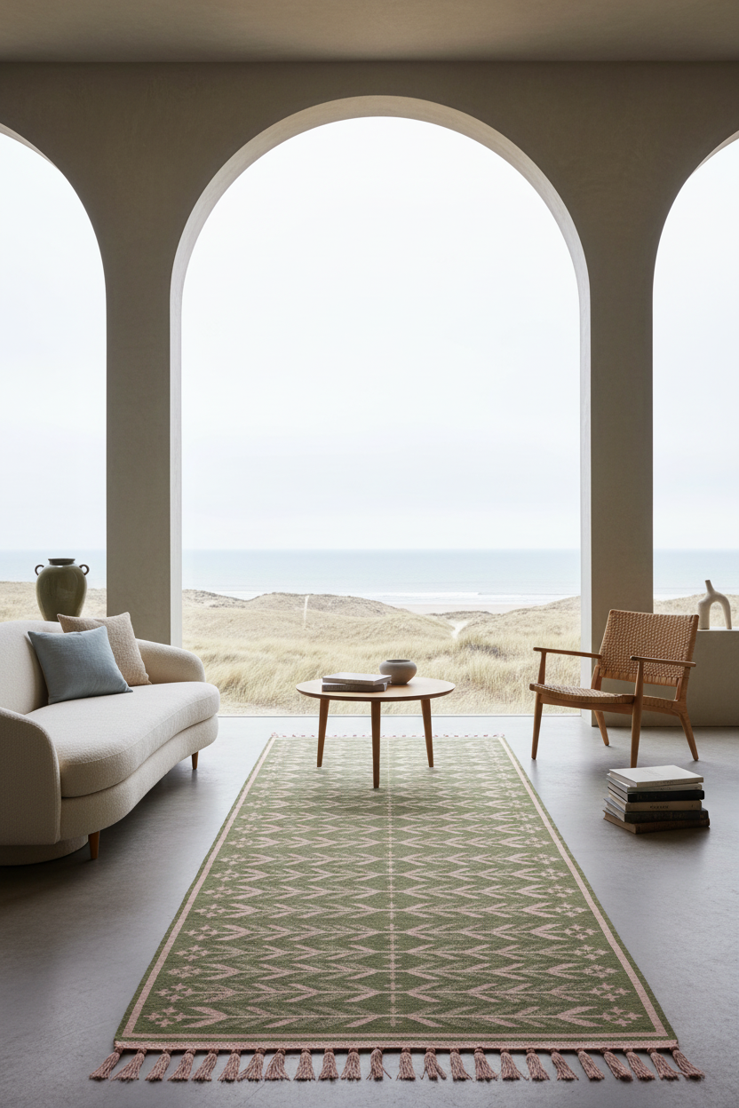A long rectangular area rug with a geometric pattern in sage green, beige, and terracotta tones, styled in a modern living room with large arched windows overlooking a beach.