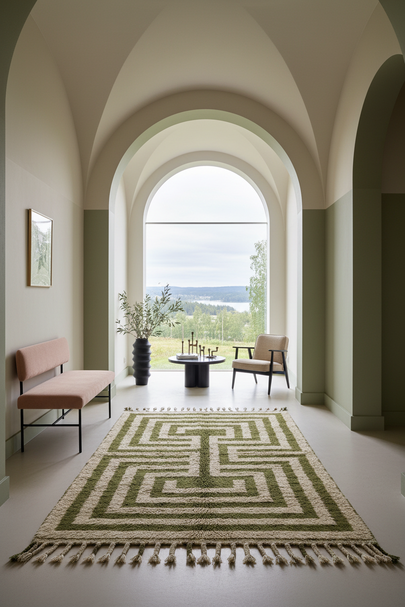 A large rectangular area rug with a green and beige geometric maze pattern and fringe, displayed in a modern interior hallway with arched doorways and a view of a landscape.