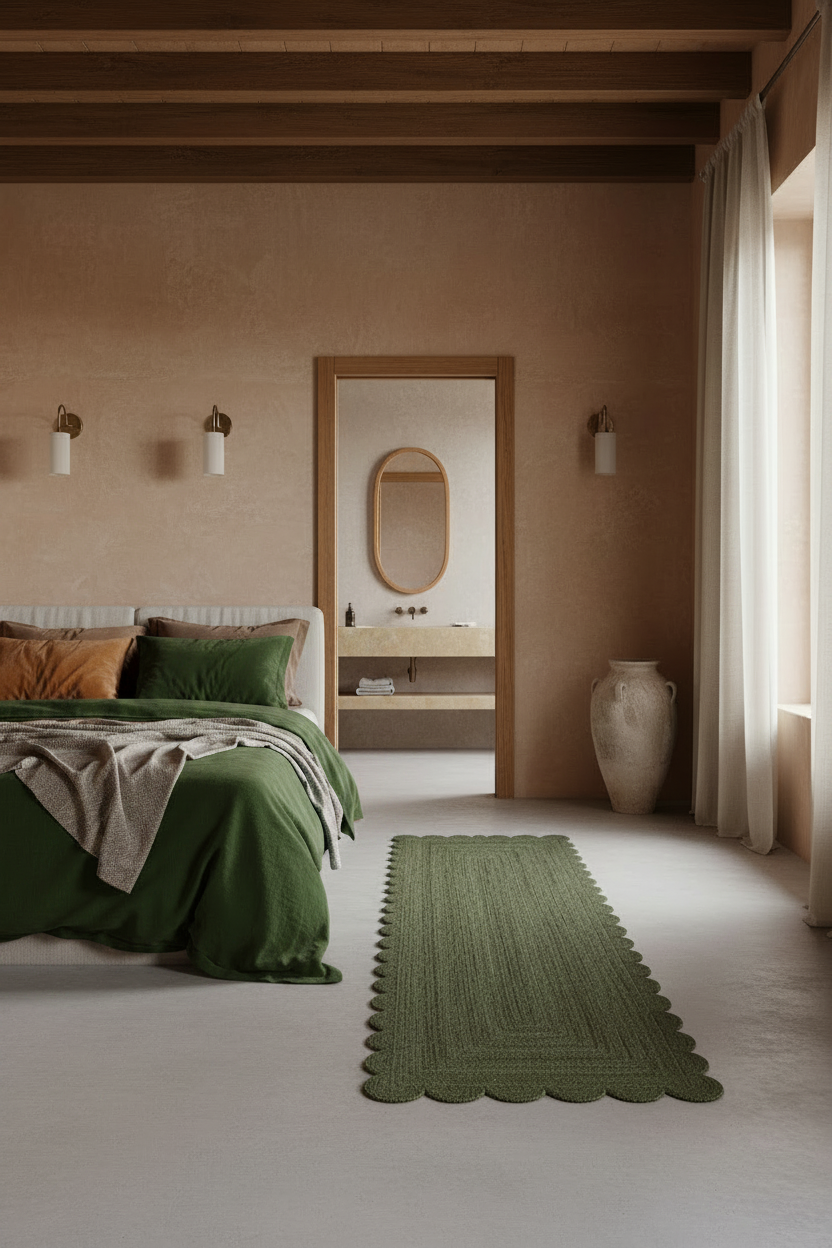 A green woven runner rug with scalloped edges lies on a light concrete floor in a modern, minimalist bedroom with beige walls and a bed with green bedding.