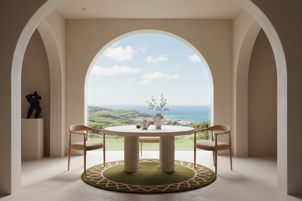 A round white dining table with four light wood chairs sits on a green circular rug inside a modern room with arched openings, overlooking a coastal landscape.
