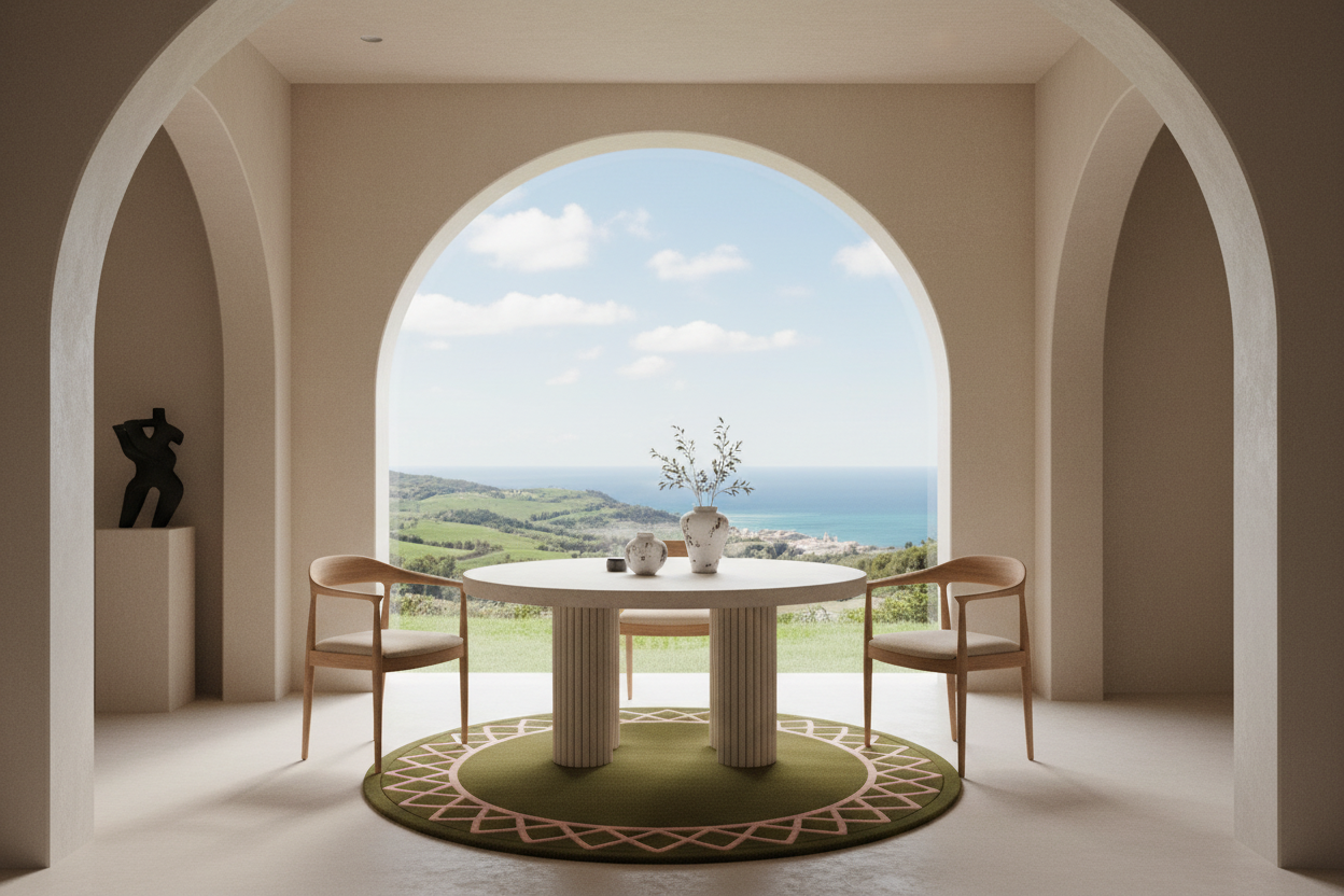A round white dining table with four light wood chairs sits on a green circular rug inside a modern room with arched openings, overlooking a coastal landscape.