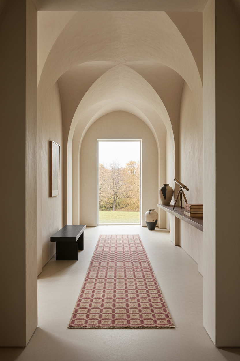 A long runner rug with a pink and beige geometric pattern lies on a light floor in a narrow hallway with arched ceilings and a window at the end.