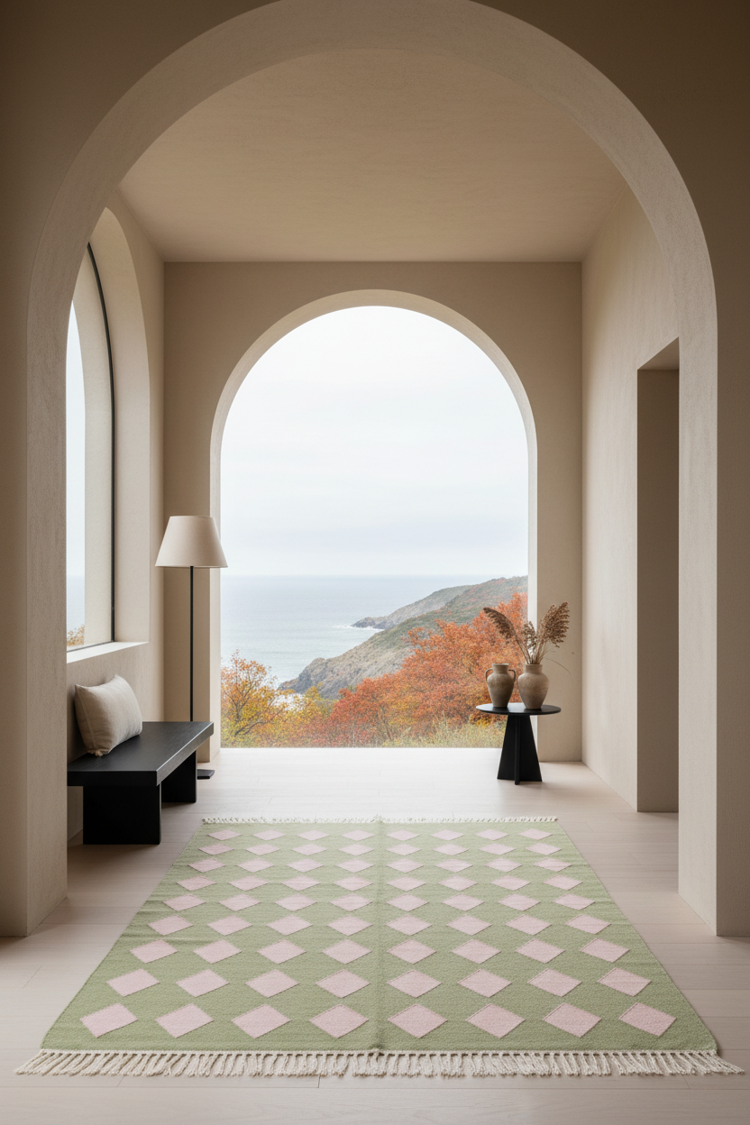 Olive Green Cotton Flat Weave Rug with Pink Diamond Harlequin Pattern