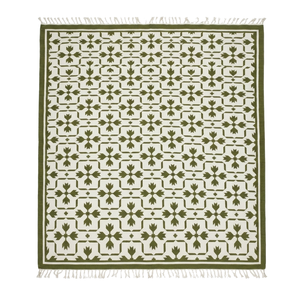 White and Olive Green Floral Trellis Cotton Flat Weave Rug