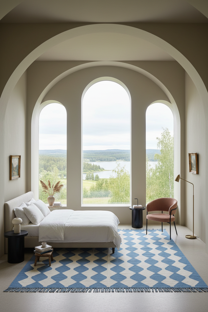 A styled bedroom interior with a large patterned blue and white rug, a bed, chair, and tall windows overlooking a lake landscape.