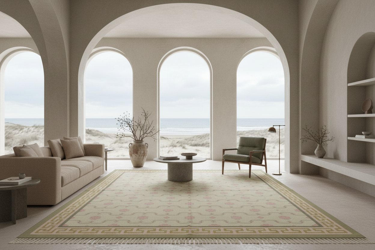 A large beige and cream patterned area rug with a Greek key border, styled in a modern living room with a sofa, armchair, and large arched windows overlooking a beach and ocean.