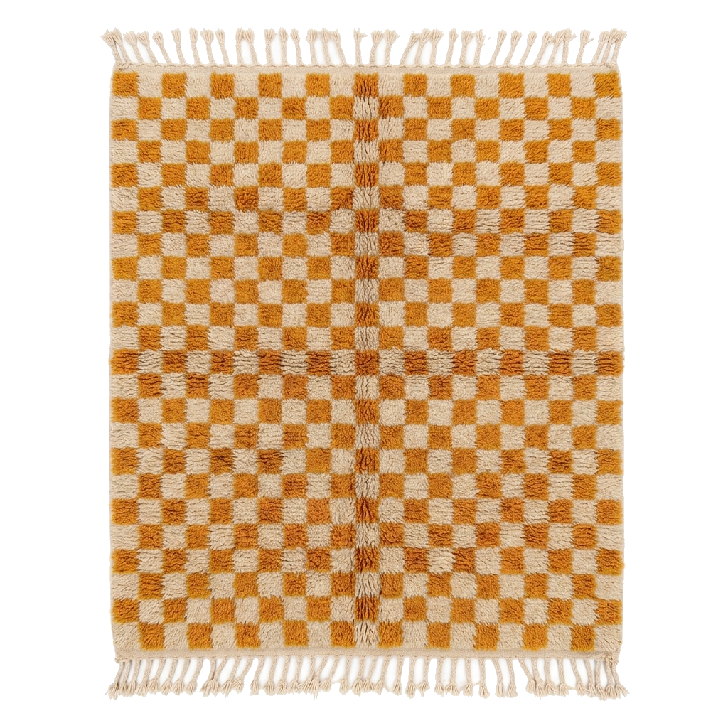 Mustard and Cream Checkerboard Moroccan Shag Rug