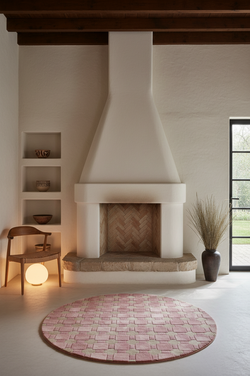 Pink and Sage Tonal Check Round Hand-Tufted Rug