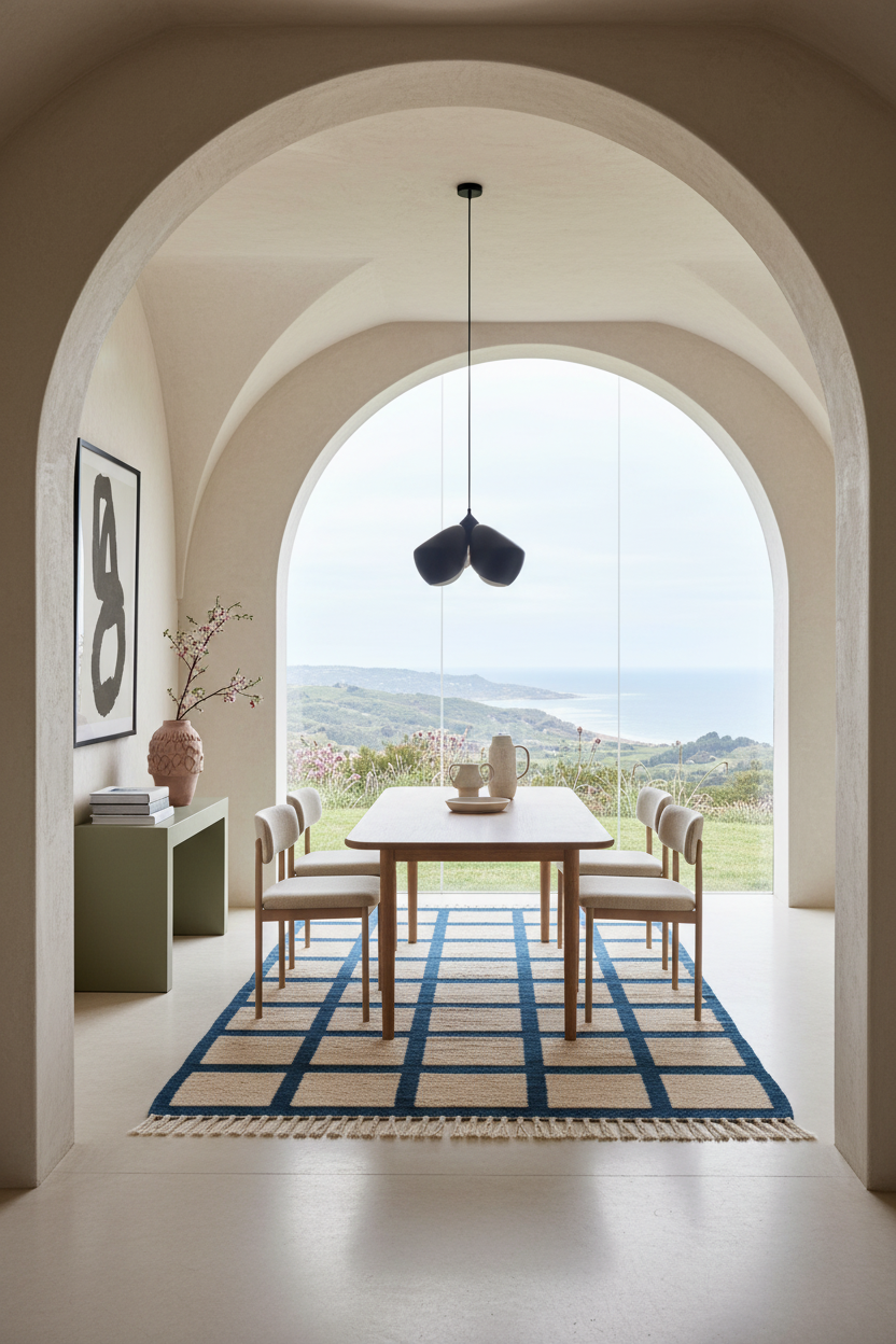 A dining room viewed through a large arched doorway, featuring a wooden dining table, six chairs, a blue and cream geometric area rug, a black pendant light, and a scenic ocean view outside.
