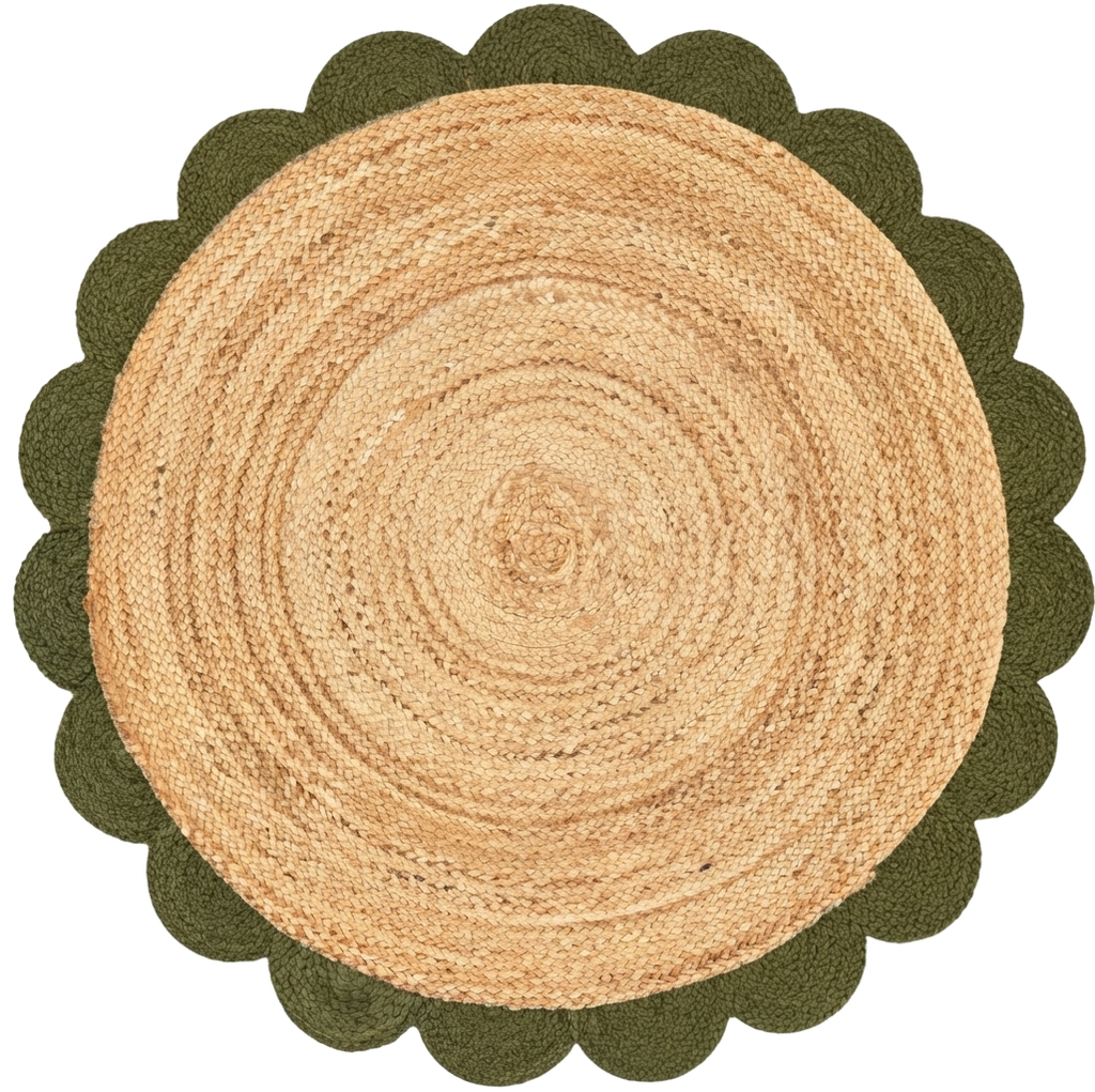 Natural Round Braided Jute Rug with Olive Green Scalloped Border