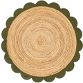 Natural Round Braided Jute Rug with Olive Green Scalloped Border