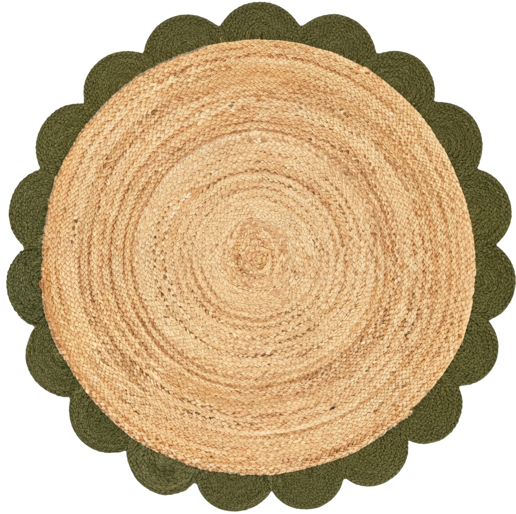 Natural Round Braided Jute Rug with Olive Green Scalloped Border