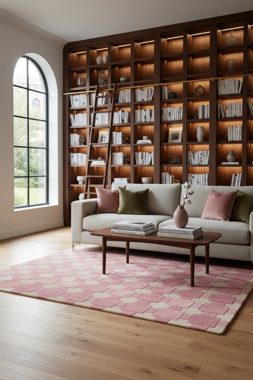 Pink Hand-Tufted Rug with Carved Circle and Square Grid