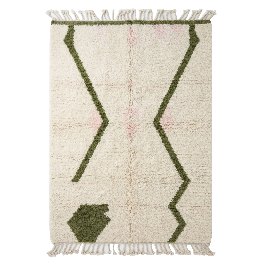 Cream Moroccan Shag Rug with Olive Green Zigzag Lines