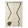 Cream Moroccan Shag Rug with Olive Green Zigzag Lines