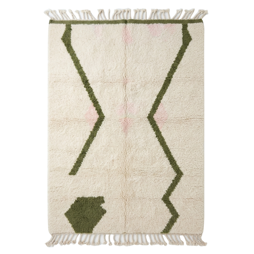 Cream Moroccan Shag Rug with Olive Green Zigzag Lines