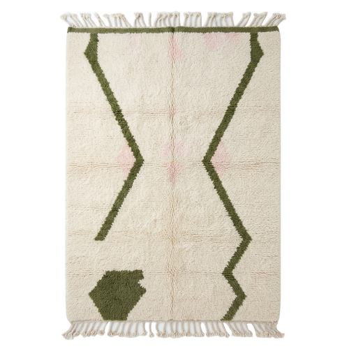 Cream Moroccan Shag Rug with Olive Green Zigzag Lines