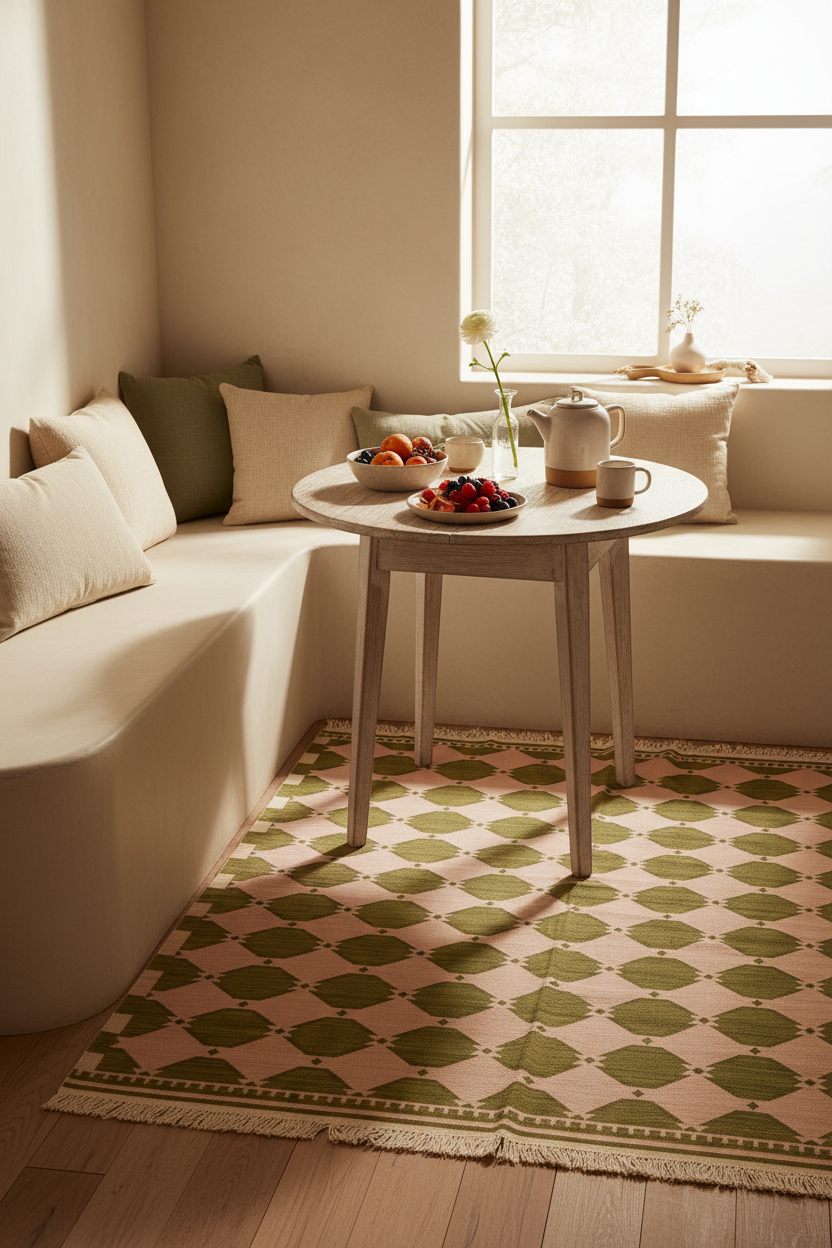 Olive Green and Pink Dot Grid Cotton Flat Weave Rug