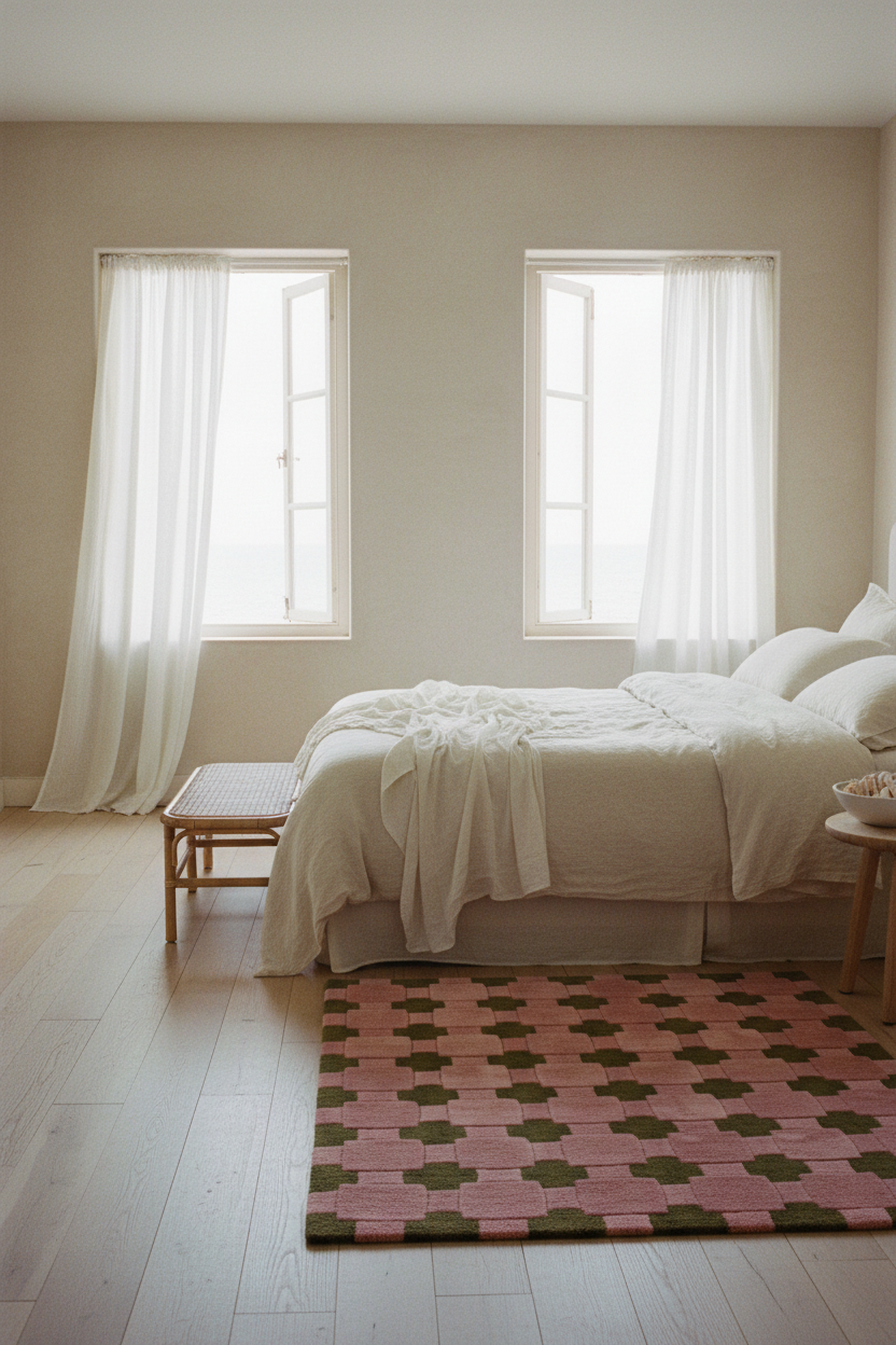 Pink Hand-Tufted Rug with Olive Green Cross Motifs
