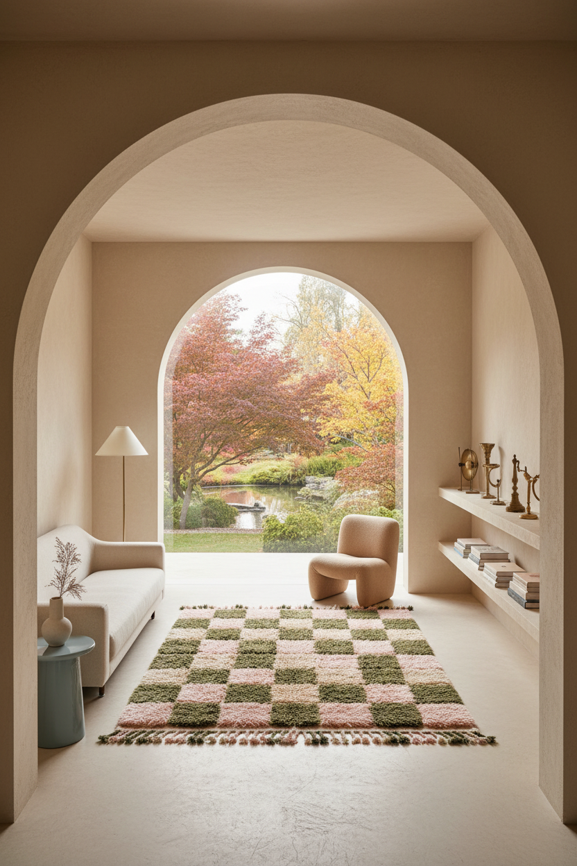 A checkered rug in pink and green tones with fringe, styled in a modern living room with an arched doorway and a large window looking out to a garden.