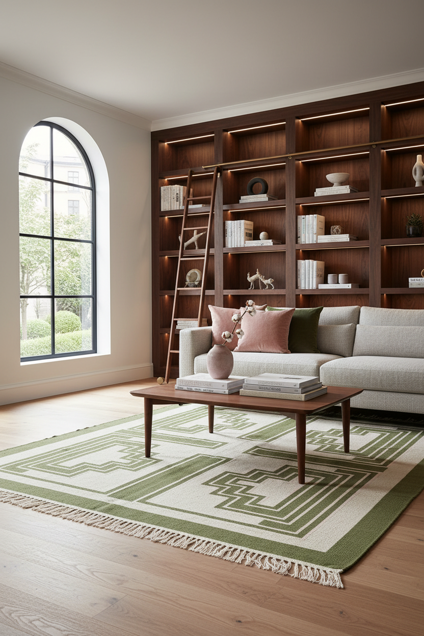 Cream and Olive Green Art Deco Cotton Flat Weave Rug